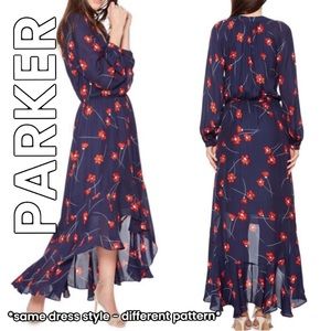 PARKER Floral Silk High Low Asymmetrical Maxi Dress Navy XS Long Sleeve Cinched
